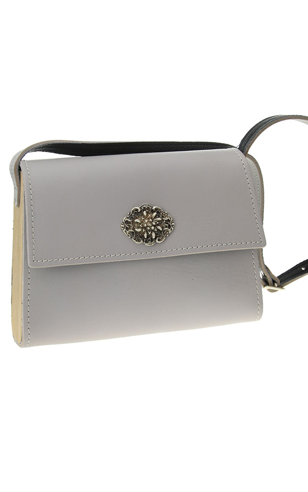 Tasche Leder/Holz 05809, hellgrau