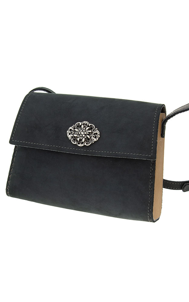 Tasche Leder/Holz 05811, schwarz/anthrazit
