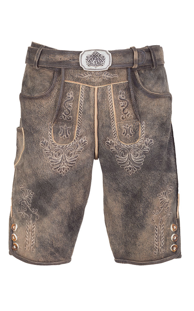 Lederhose Prien mit Gürtel, grau-braun antik